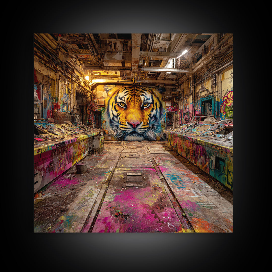 Tiger Graffiti Mural In Abandoned Factory Canvas Print, Urban Street Art, Wildlife Wall Art, Bold Industrial Loft Decor Gift