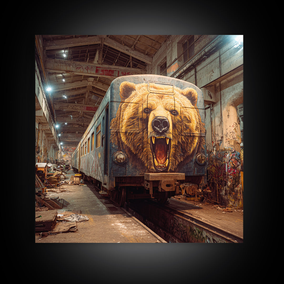 Roaring Bear Train Mural Canvas Print, Urban Graffiti Wall Art, Industrial Decor, Wildlife Art, Statement Artwork, Man Cave Decor
