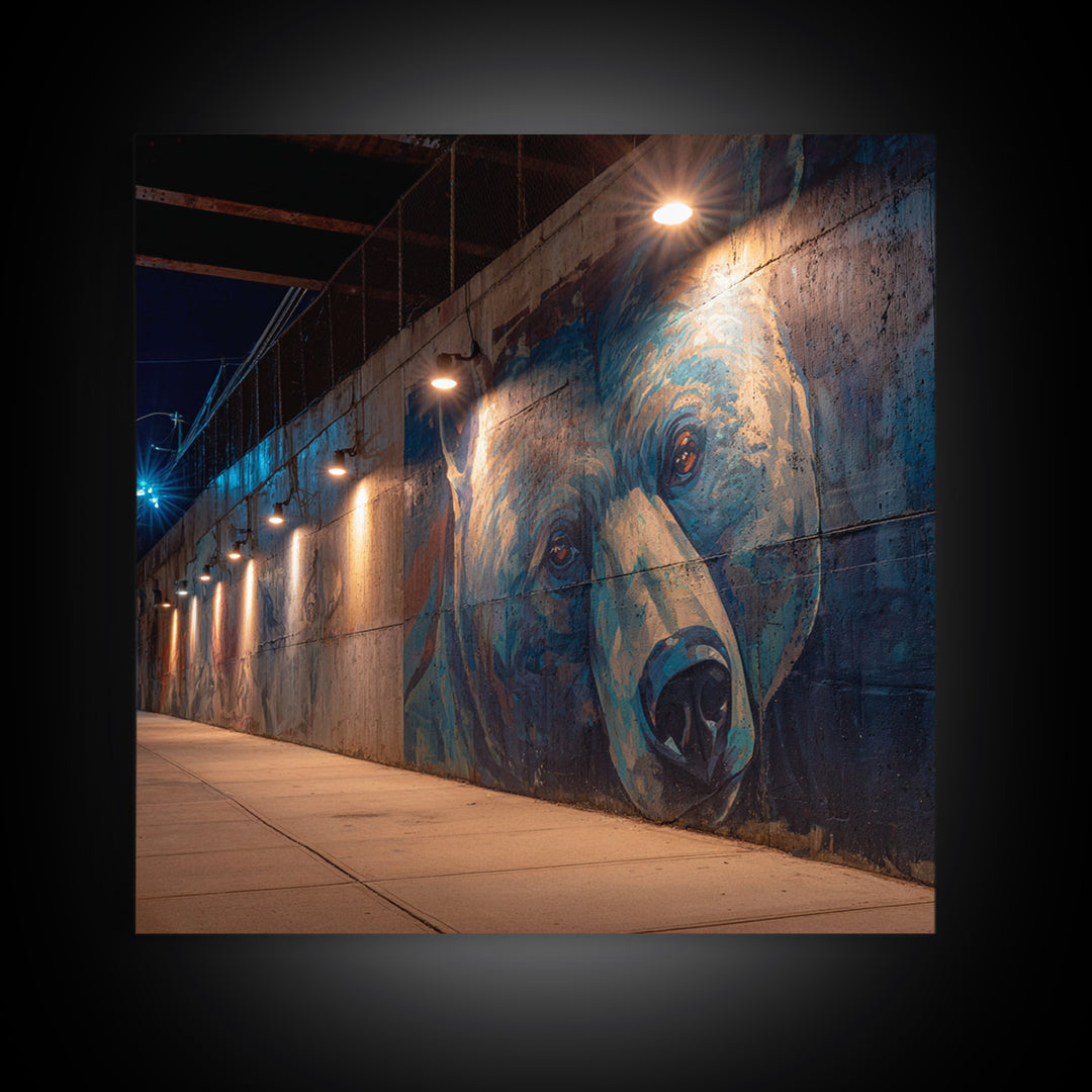 Blue Bear Street Mural Canvas Print, Urban Graffiti Wall Art, Moody City Decor, Wildlife Art, Modern Wall Decor, Night Photography