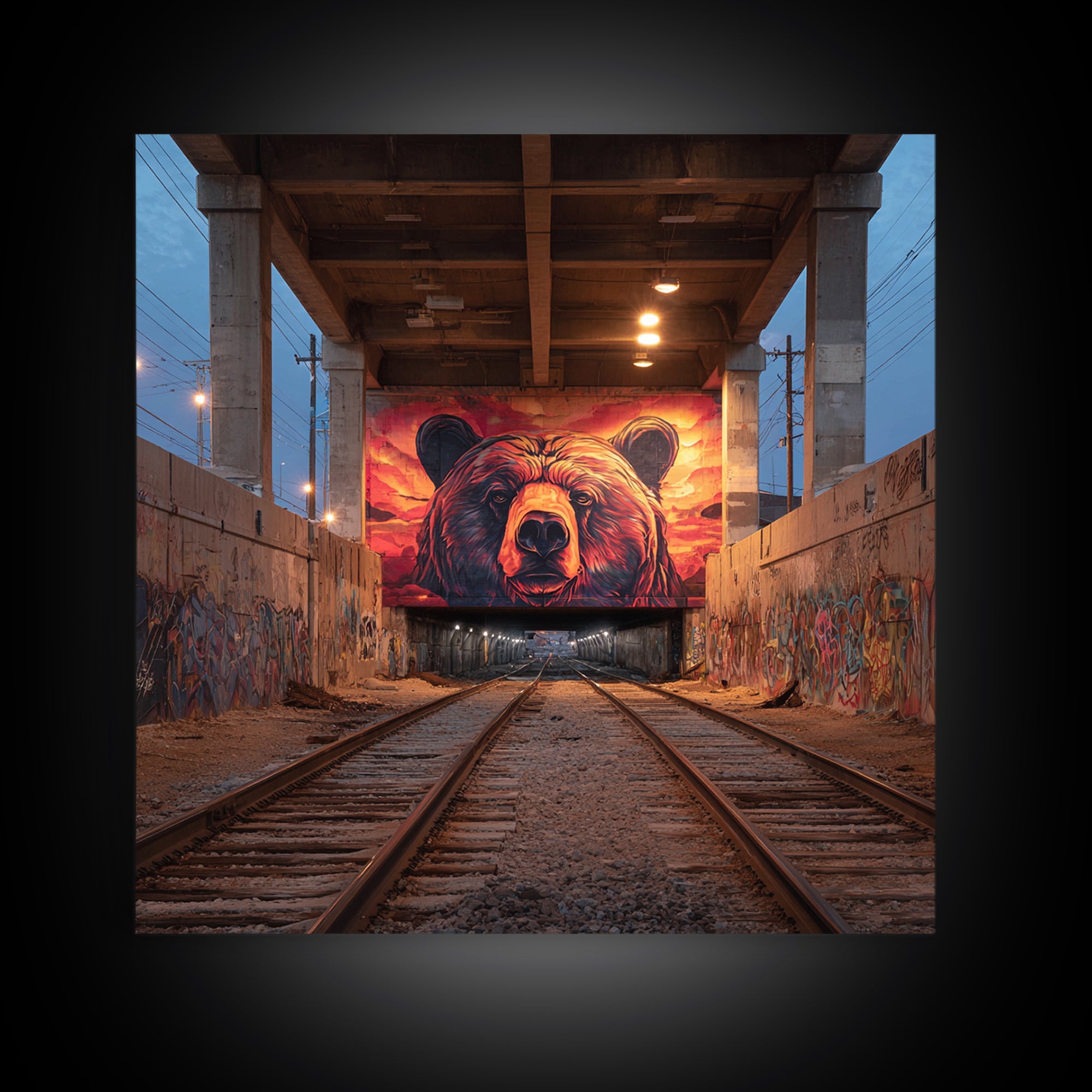 Sunset Bear Railroad Mural Framed Canvas Print, Urban Graffiti Wall Art, Industrial Decor, Wildlife Statement Art, Man Cave Decor