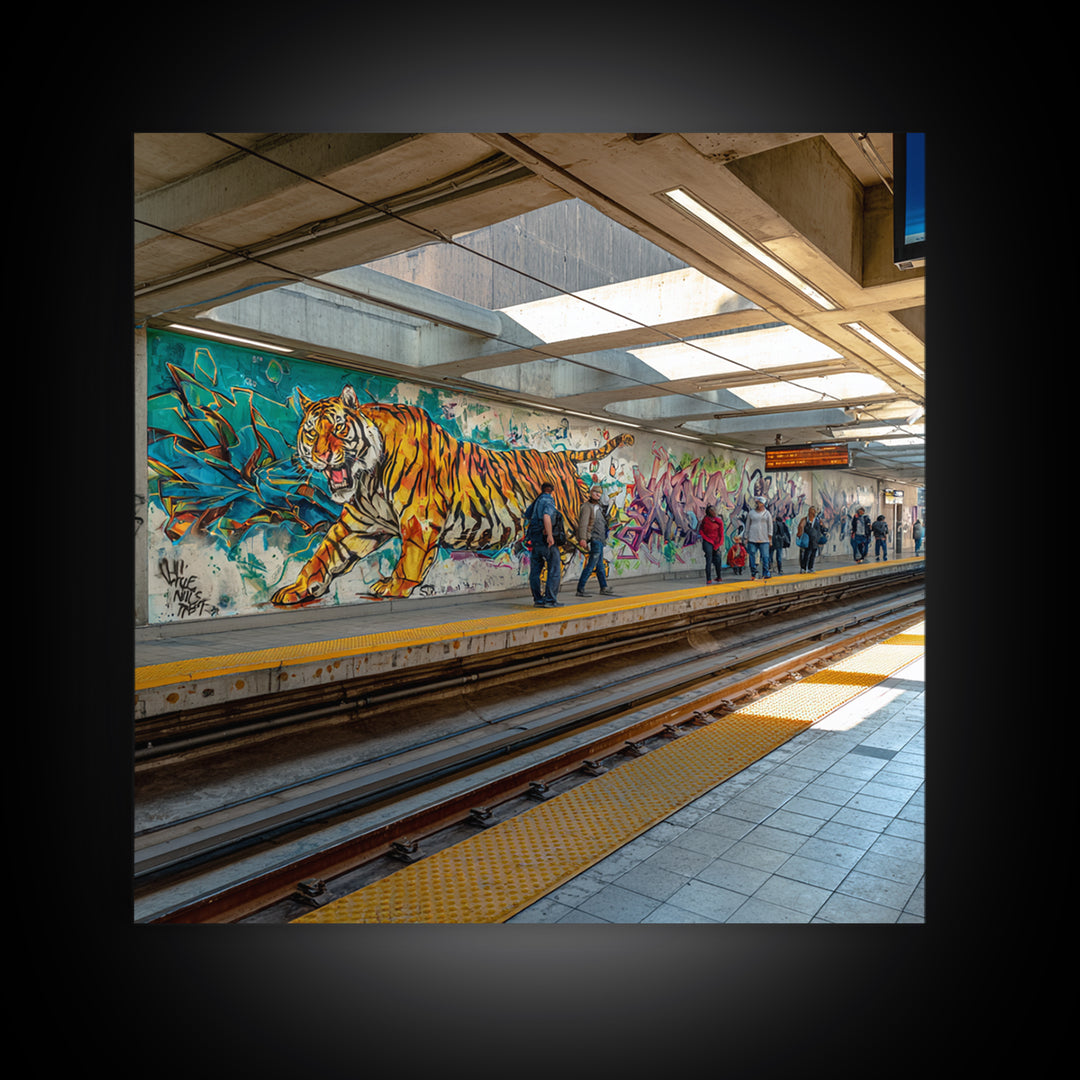 Tiger Subway Graffiti Mural Canvas Print, Urban Wall Art, Animal Wall Decor, Transit Station Decor, Contemporary Art, Housewarming Gift