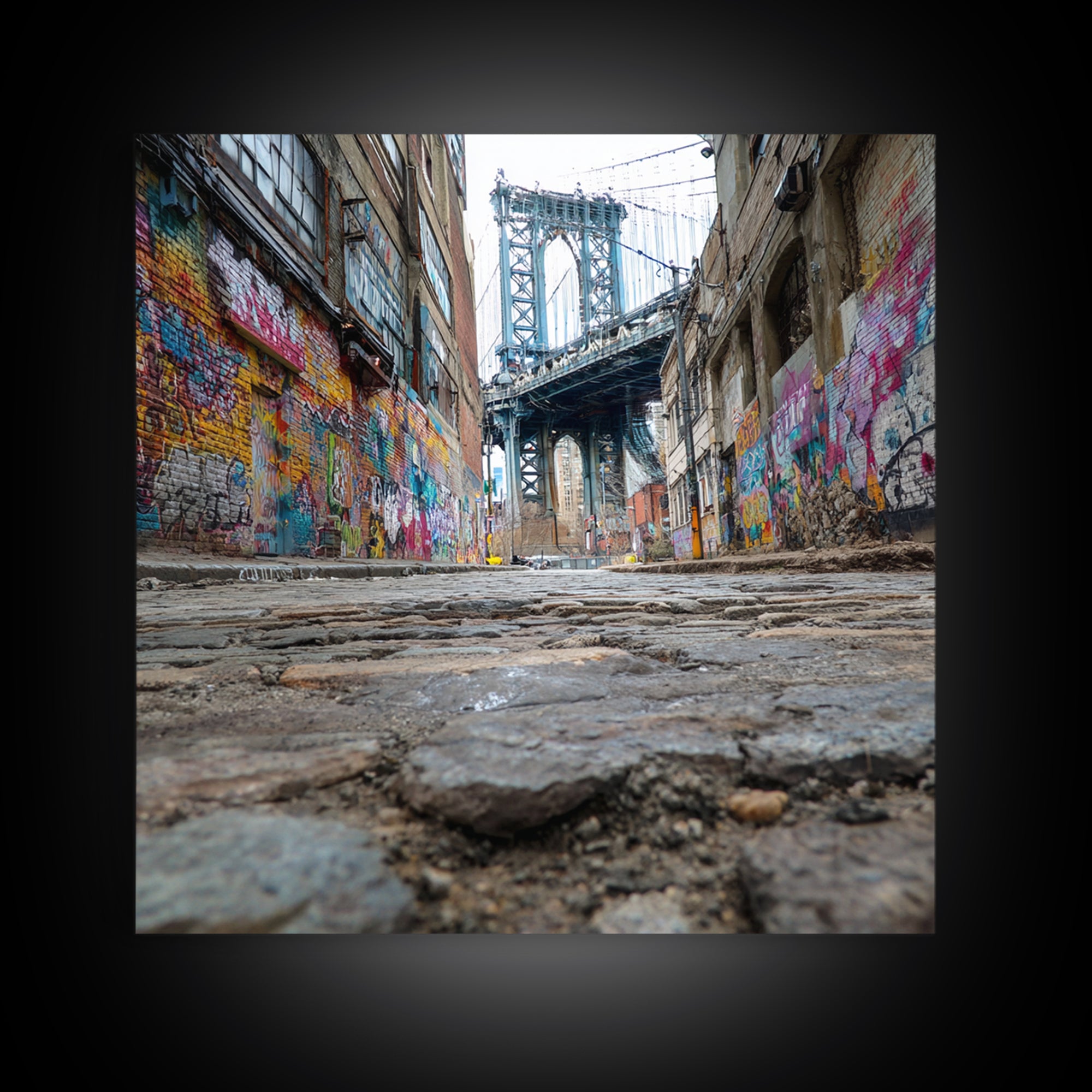 Cobblestone Alley And Bridge Wall Art, Urban Graffiti Photography Print, New York City Decor, Industrial Wall Decor, Travel Poster