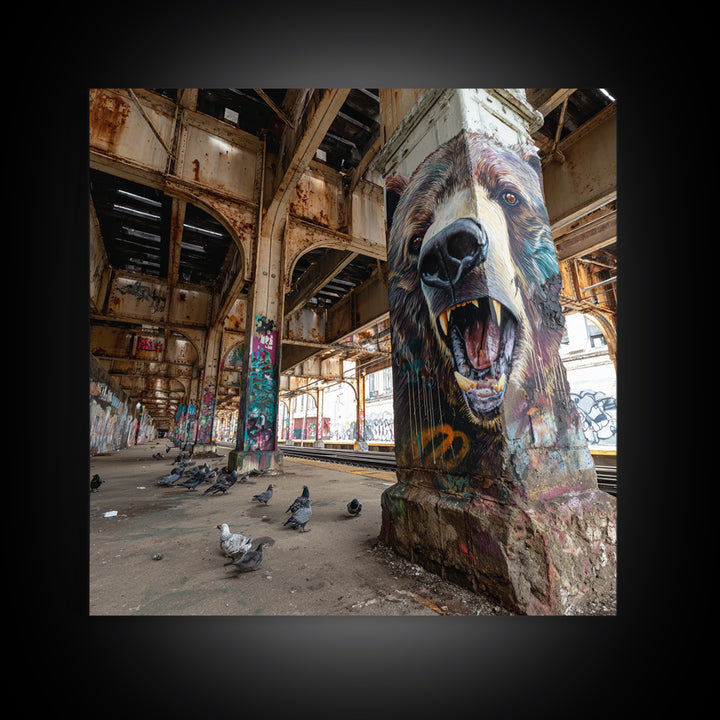 Roaring Bear Pillar Mural Canvas Print, Urban Graffiti Wall Art, Industrial Decor, Wildlife Art, Bold Animal Decor, Man Cave Decor