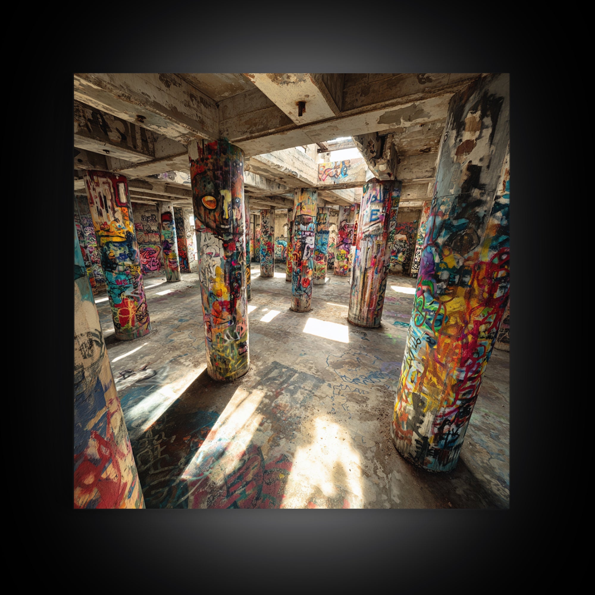 Graffiti Covered Concrete Pillars Canvas Print, Abandoned Warehouse Street Art, Industrial Loft Wall Decor, Urban Home Decor