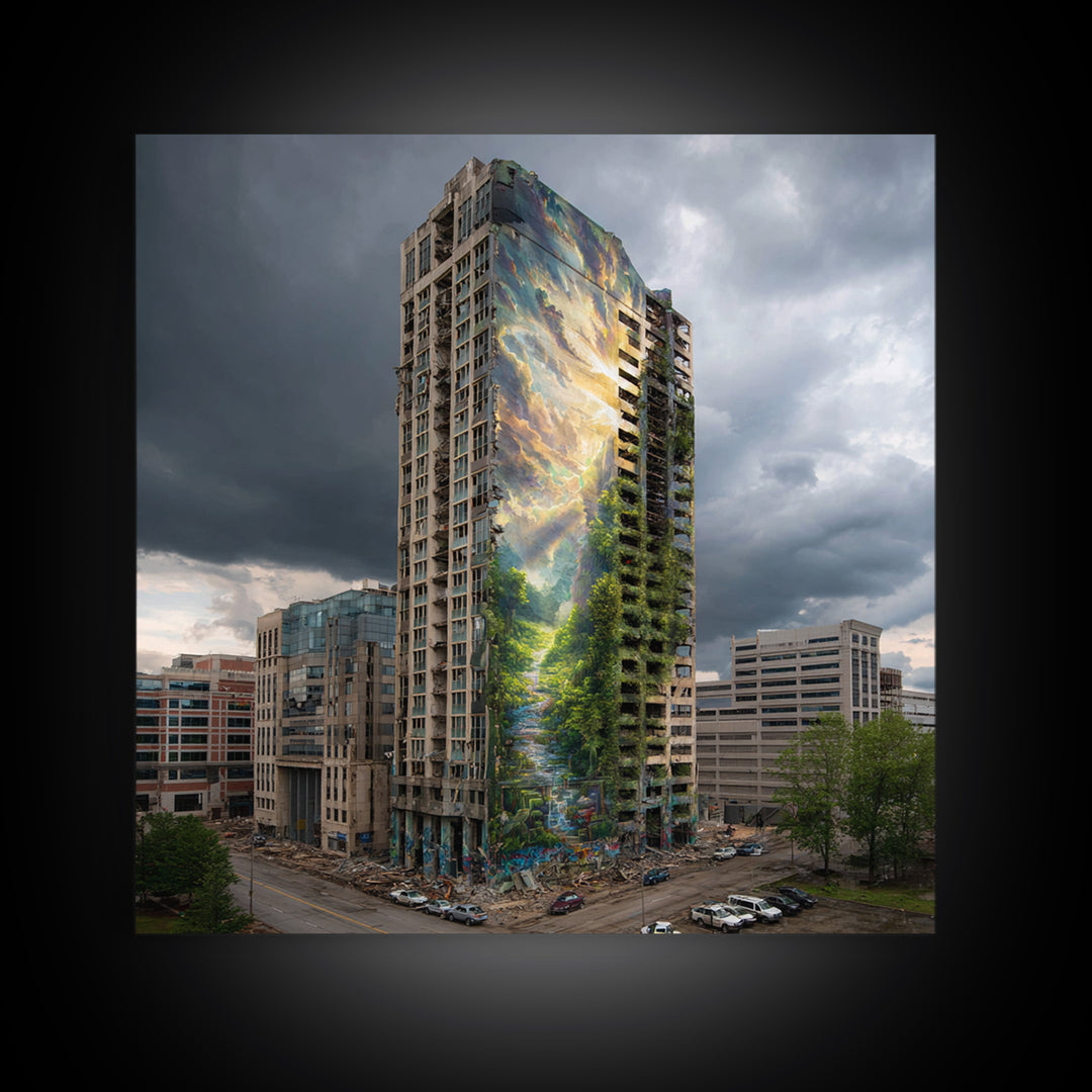 Stormy City Tower With Nature Mural Canvas Print, Urban Architecture Wall Art, Surreal Street Art, Modern Office Decor For Loft