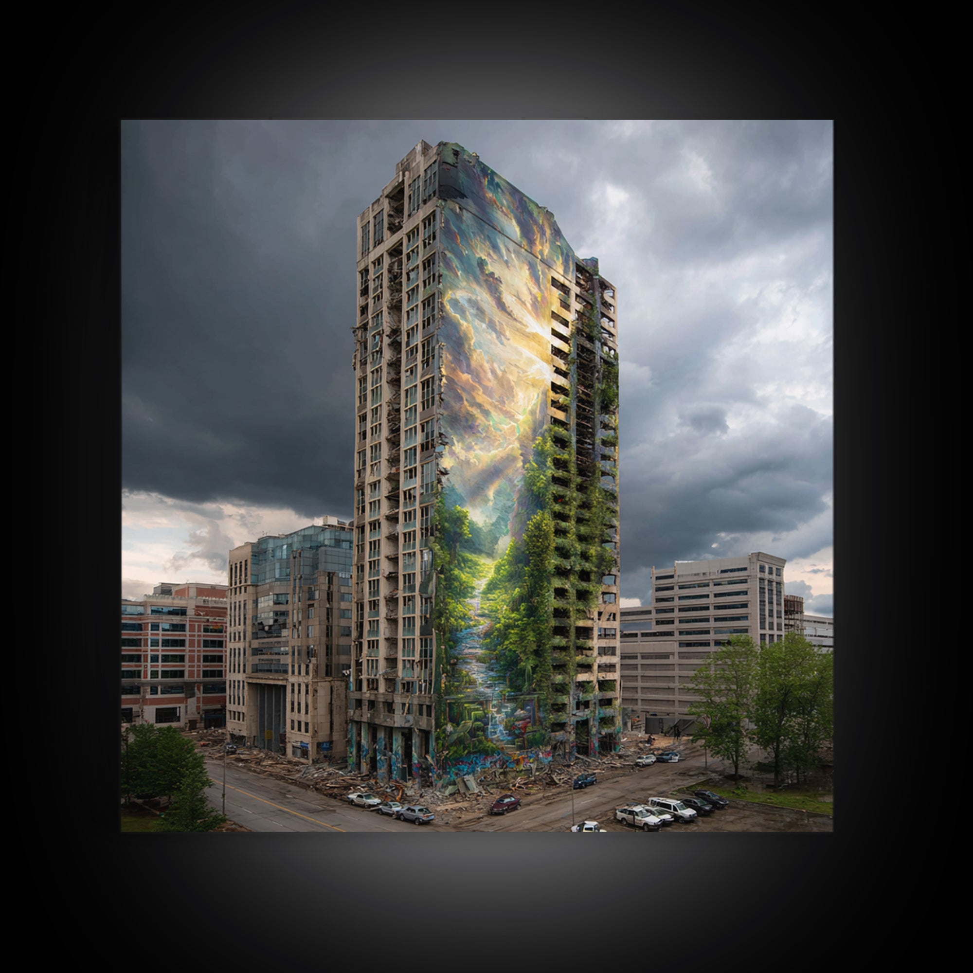 Stormy City Tower With Nature Mural Canvas Print, Urban Architecture Wall Art, Surreal Street Art, Modern Office Decor For Loft