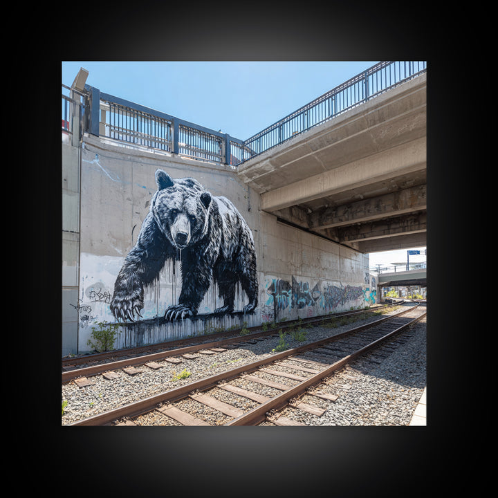 Black Bear Graffiti Mural By Train Tracks Canvas Print, Urban Wildlife Wall Art, Industrial Street Art Decor For Modern Loft