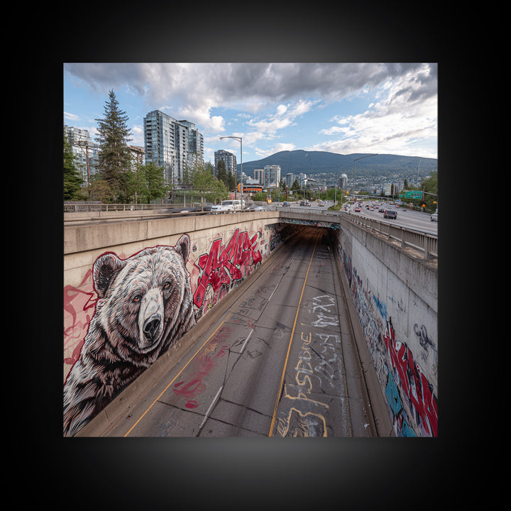 Bear Mural Highway Underpass Cityscape Wall Art, Urban Wildlife Print, Mountain Landscape Decor, Graffiti Street Photography
