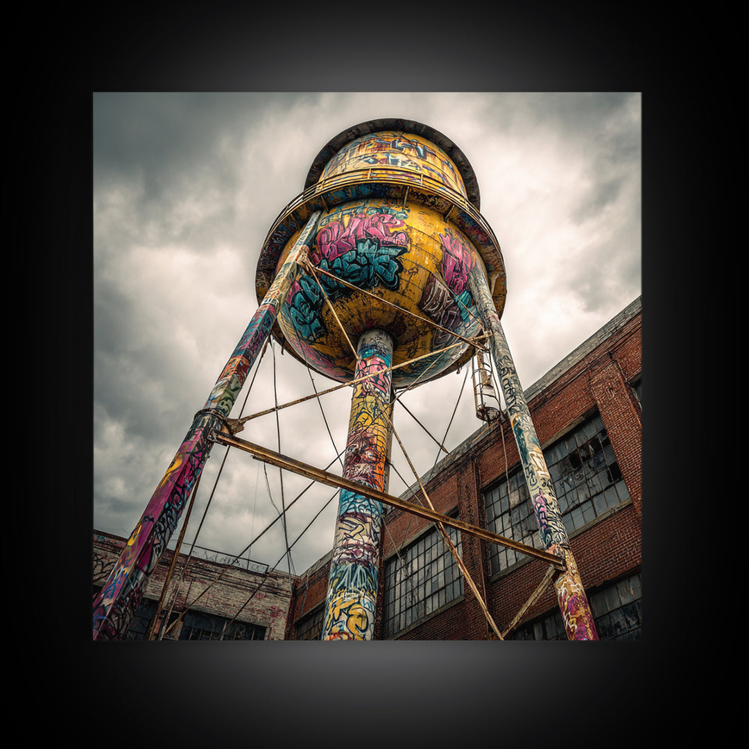 Graffiti Water Tower Under Stormy Sky Wall Art, Industrial Urban Print, Street Art Photography, Bold Loft Decor For Home