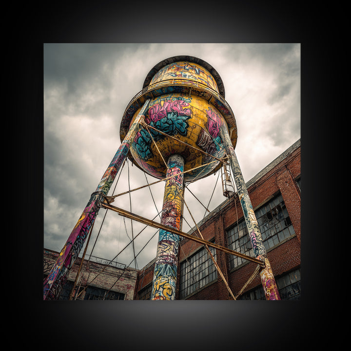 Graffiti Water Tower Under Stormy Sky Wall Art, Industrial Urban Print, Street Art Photography, Bold Loft Decor For Home