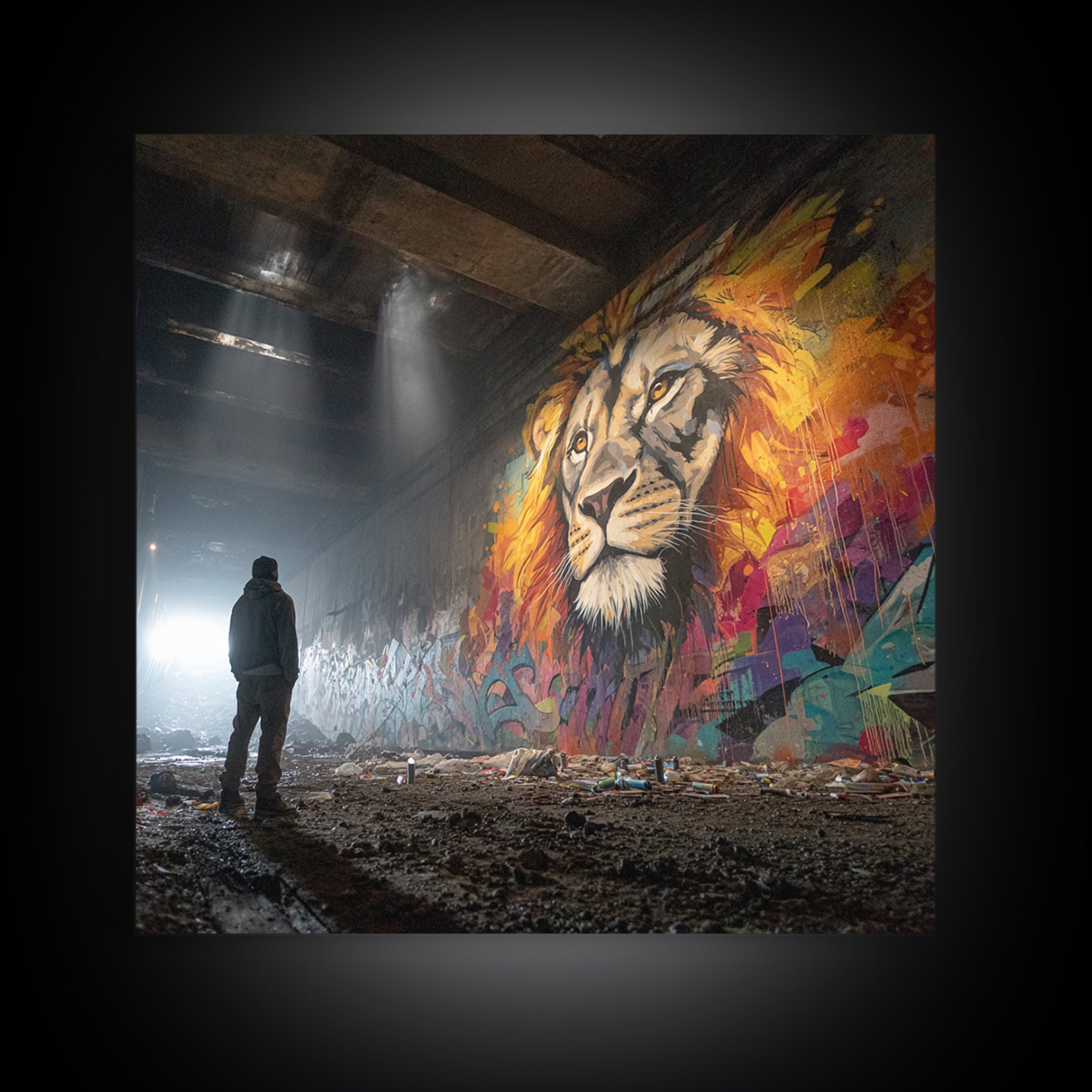 Underground Lion Mural In Shadowed Tunnel Framed Canvas Print, Urban Wildlife Wall Art, Graffiti Decor, Moody Street Photography