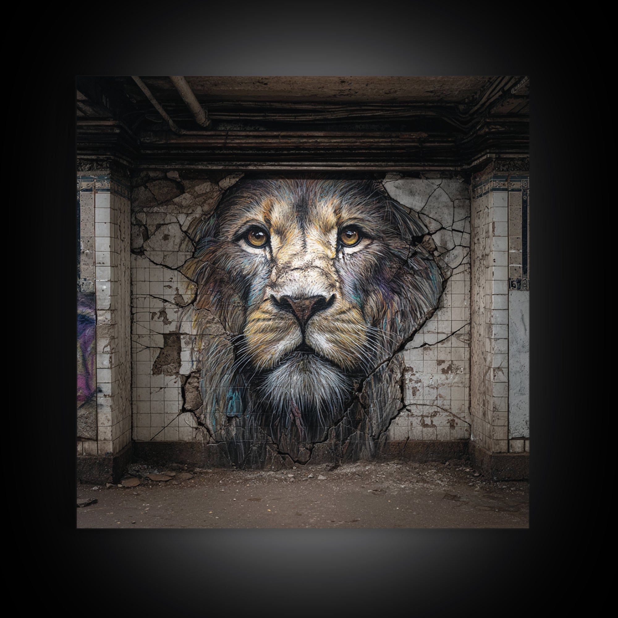 Cracked Wall Lion Portrait Graffiti Wall Art, Abandoned Subway Mural Print, Urban Wildlife Decor, Moody Animal Art For Home