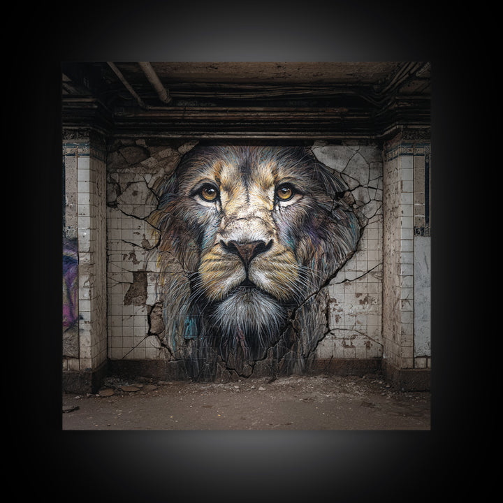 Cracked Wall Lion Portrait Graffiti Wall Art, Abandoned Subway Mural Print, Urban Wildlife Decor, Moody Animal Art For Home