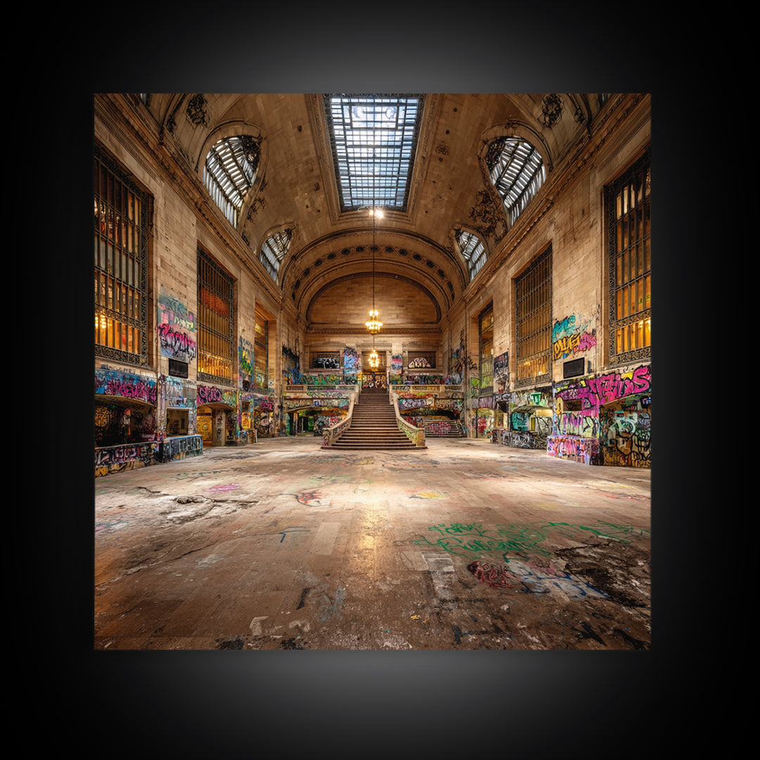 Abandoned Grand Hall Graffiti Framed Canvas Print, Urban Street Art, Industrial Wall Decor, Large Statement Artwork, Modern Home Decor