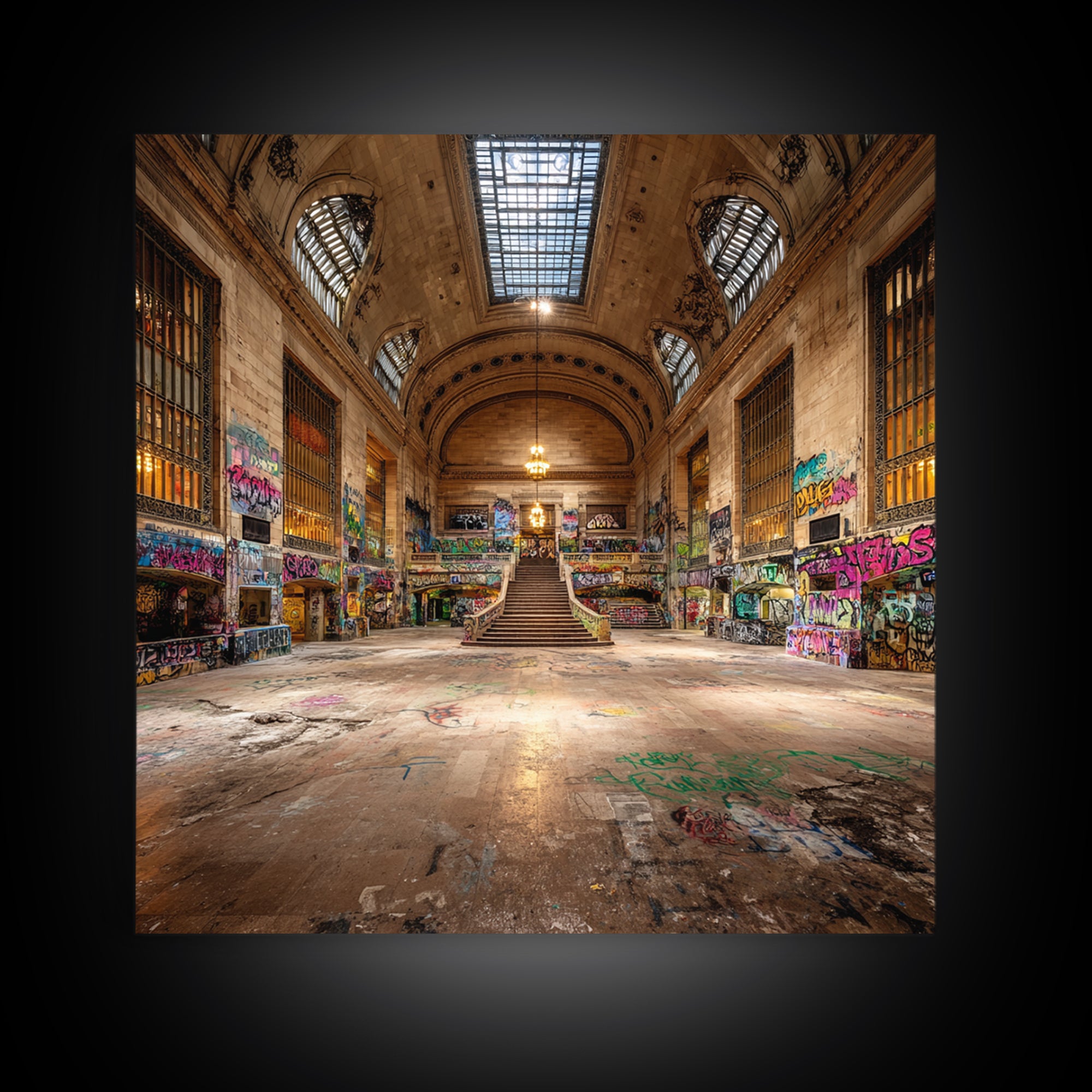 Abandoned Grand Hall Graffiti Framed Canvas Print, Urban Street Art, Industrial Wall Decor, Large Statement Artwork, Modern Home Decor