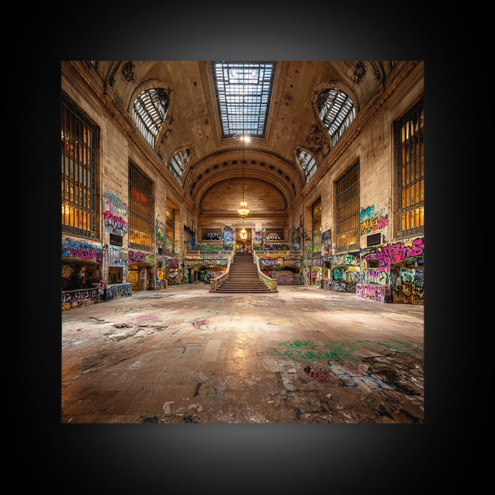 Abandoned Grand Hall Graffiti Framed Canvas Print, Urban Street Art, Industrial Wall Decor, Large Statement Artwork, Modern Home Decor
