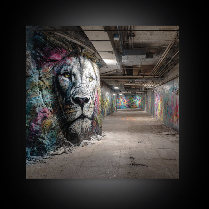 White Lion Graffiti Tunnel Wall Art, Urban Street Art Canvas Print, Wildlife Mural Decor, Industrial Loft Statement Art Gift