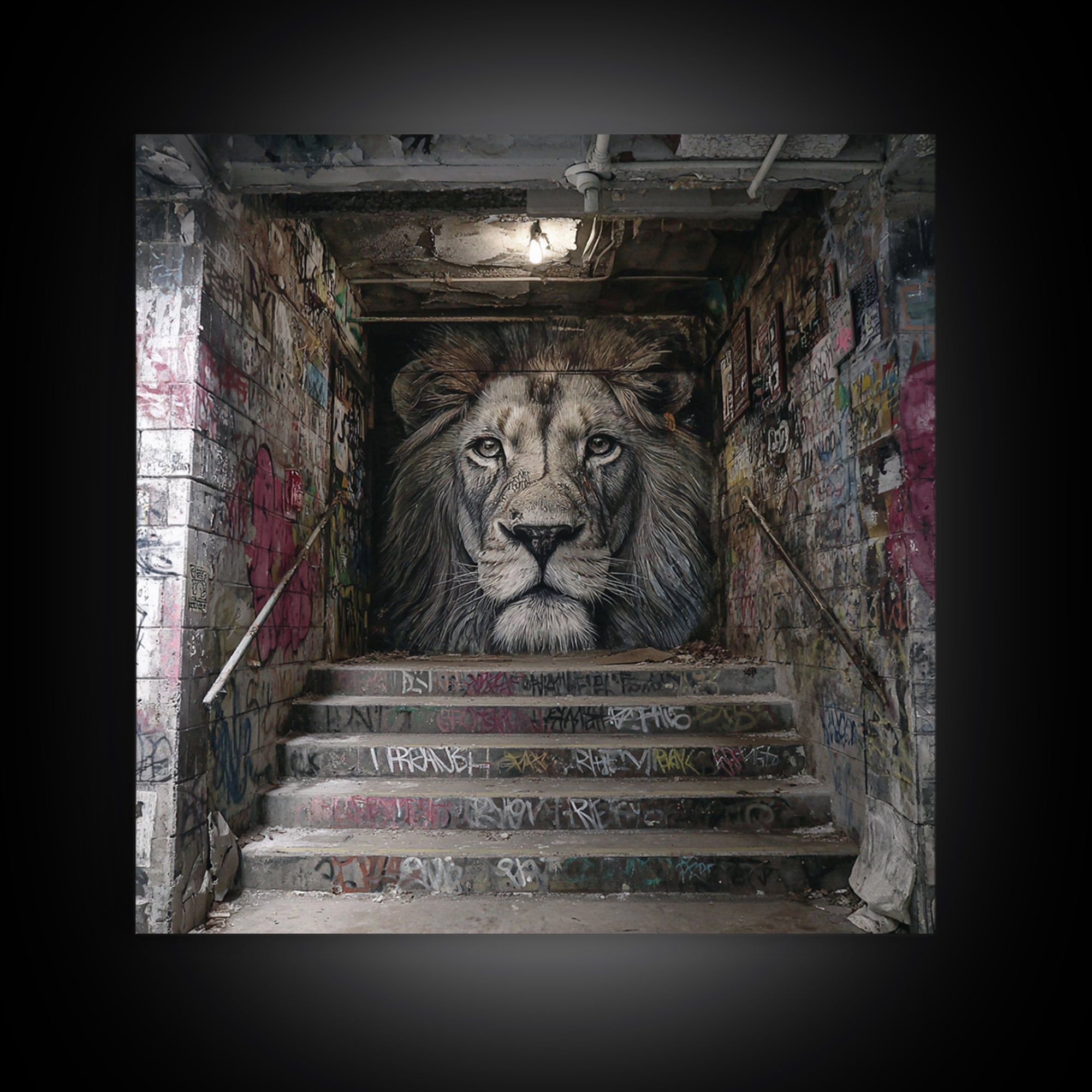 Realistic Lion Stairwell Wall Art, Urban Graffiti Mural Canvas Print, Street Art Decor, Bold Animal Office Poster For Men