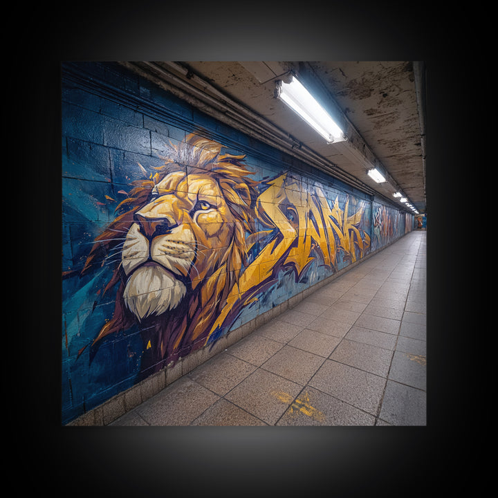 Lion Graffiti Subway Mural Large Wall Art, Urban Street Art Print, Bold Animal Canvas, Modern Decor, Man Cave Gift For Him