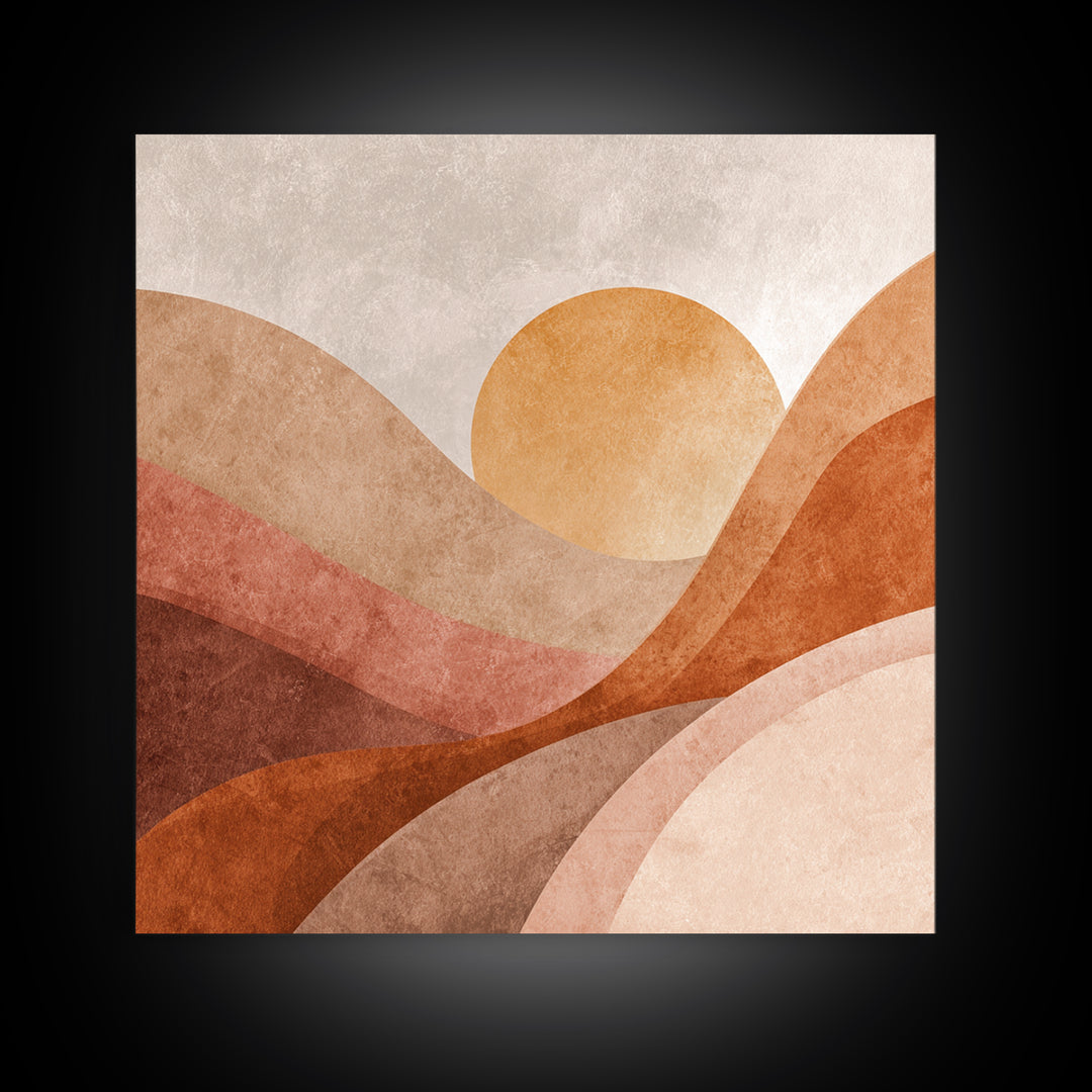 Terracotta Sun Over Abstract Hills Framed Canvas Print, Earth Tone Wall Art For Modern Home Decor And Living Room Wall Decor