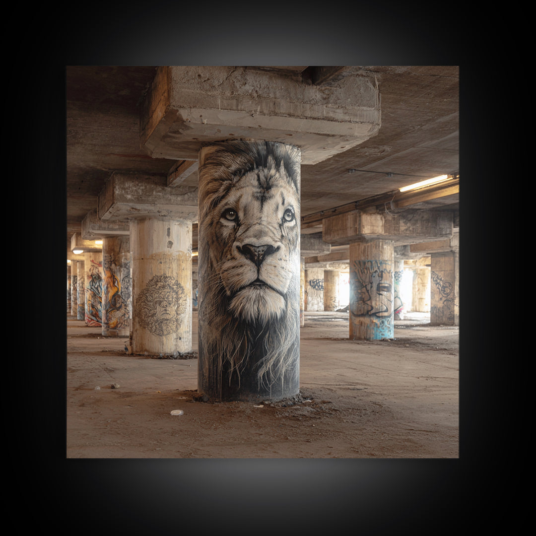 Realistic Lion Portrait On Concrete Pillar Wall Art, Urban Wildlife Canvas Print, Graffiti Decor For Office And Man Cave