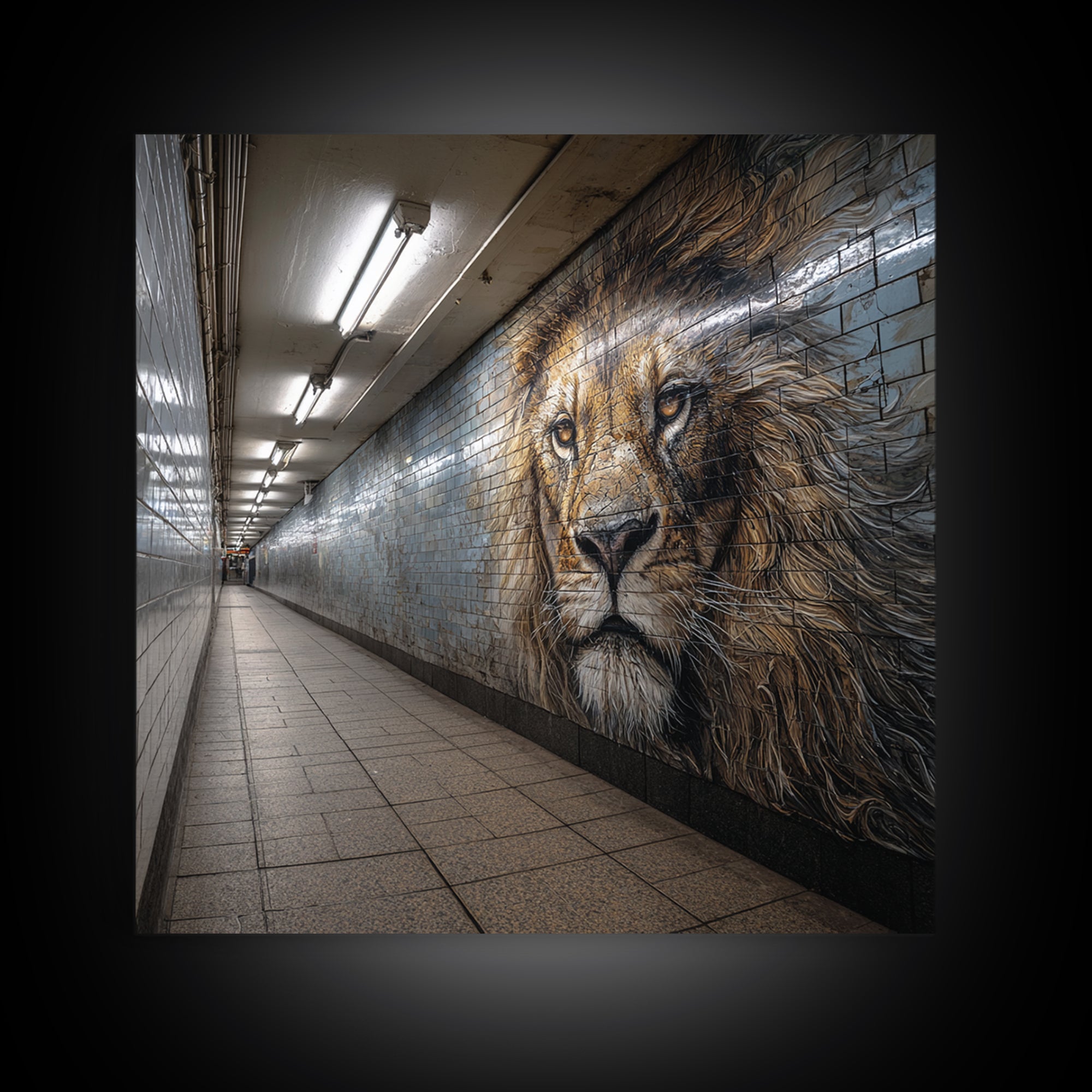 Majestic Lion Mural In Subway Tunnel Wall Art, Urban Street Art Print, Animal Wall Decor, Masculine Office Decor Gift Idea