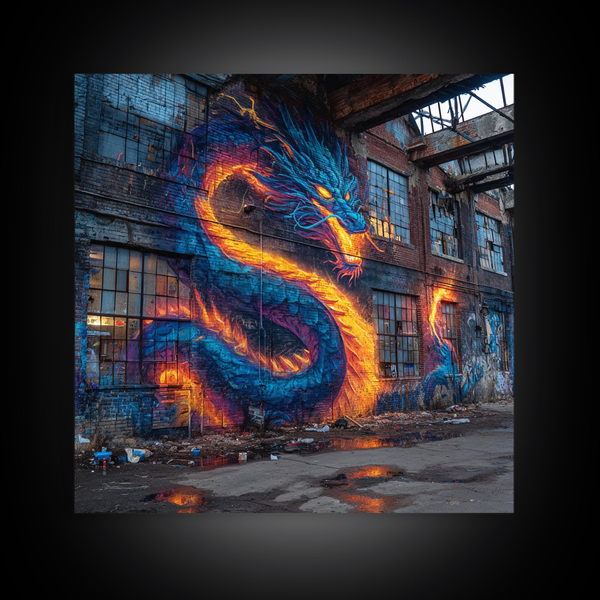 Neon Dragon Graffiti On Abandoned Brick Wall Art, Cyberpunk Street Art Canvas Print, Bold Urban Home Decor Gift For Gamer Room