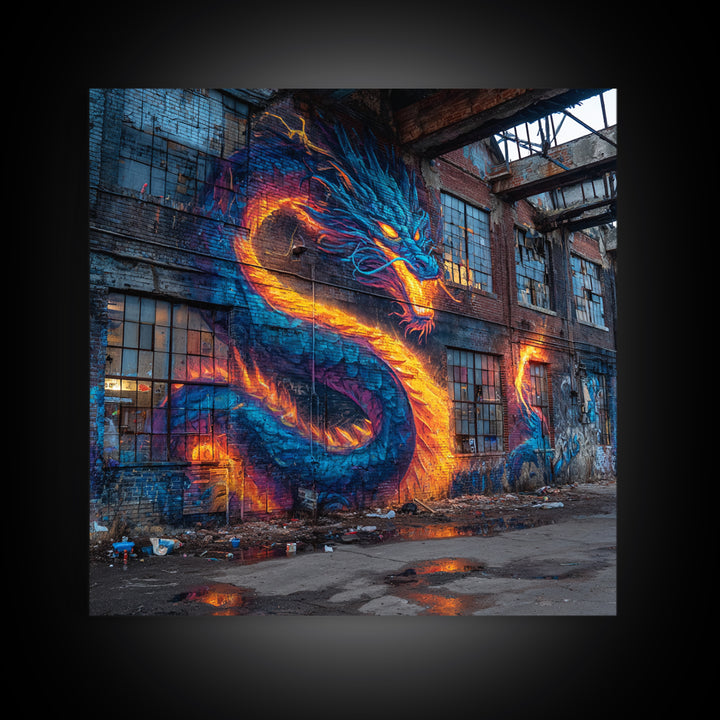 Neon Dragon Graffiti On Abandoned Brick Wall Art, Cyberpunk Street Art Canvas Print, Bold Urban Home Decor Gift For Gamer Room