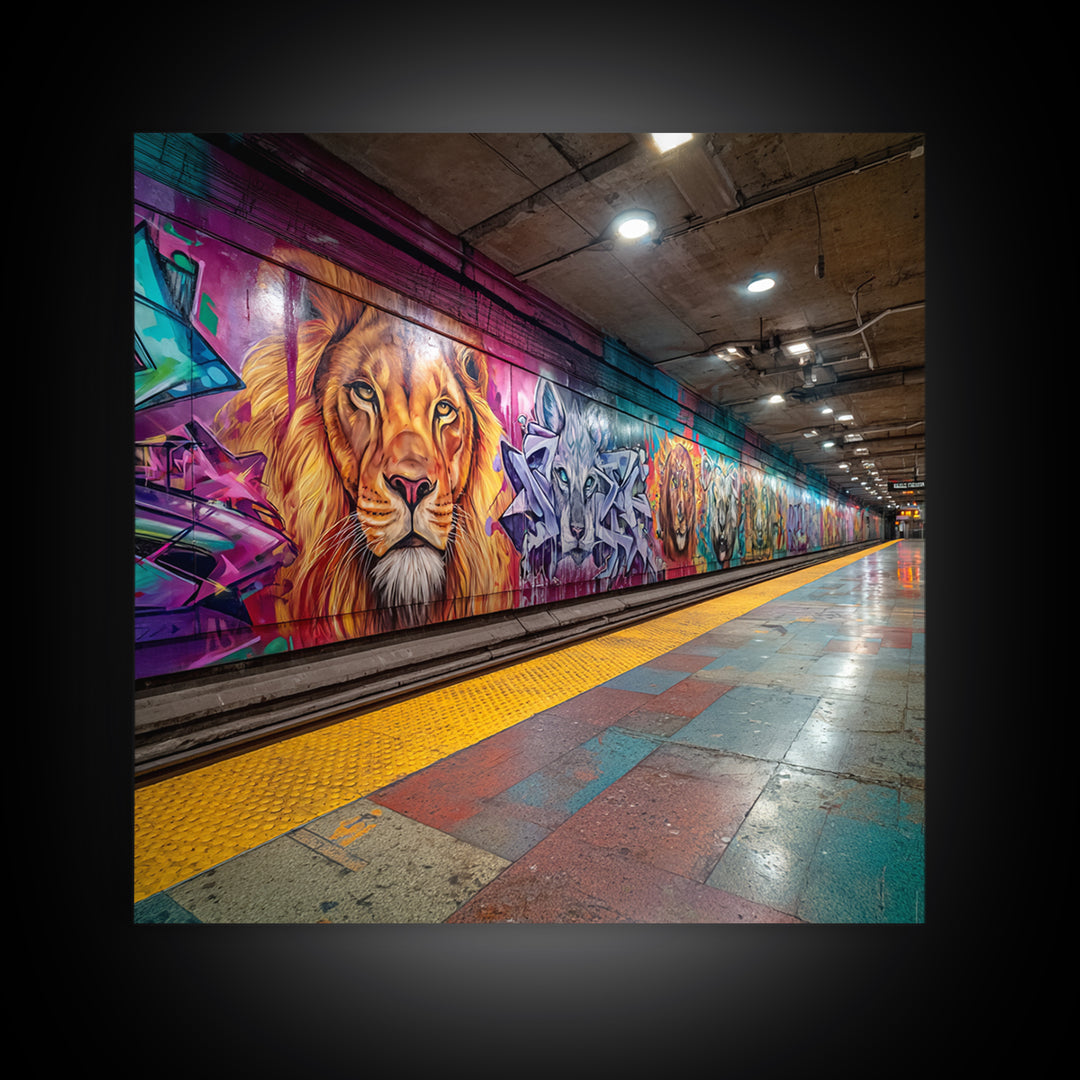 Vivid Lion Graffiti Subway Platform Canvas Print, Urban Street Art For Gaming Room Decor And Bold Modern Home Decor Wall Decor