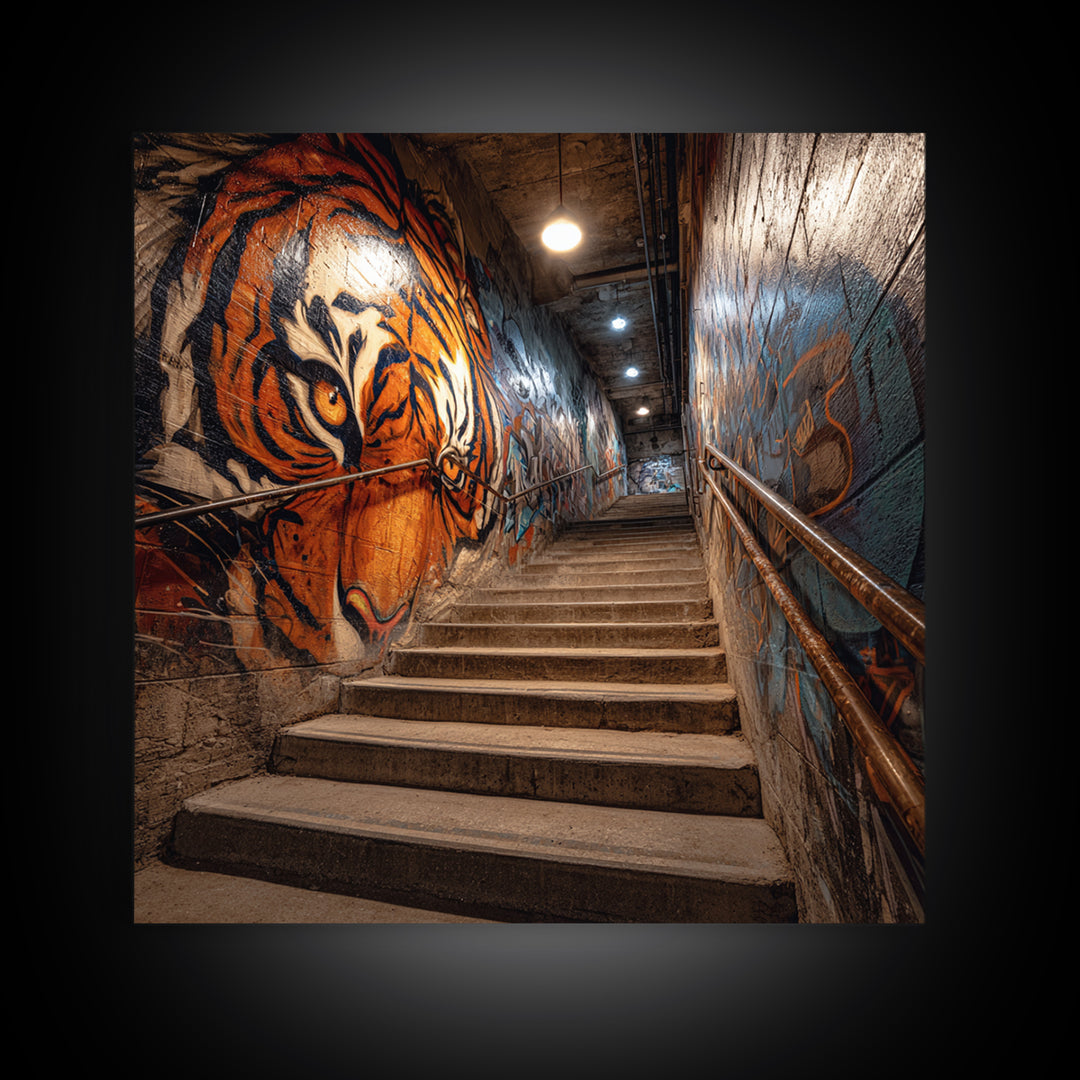 Roaring Tiger Graffiti Stairwell Wall Art, Urban Street Art Print, Industrial Decor, Bold Animal Wall Decor, Modern Home Decor