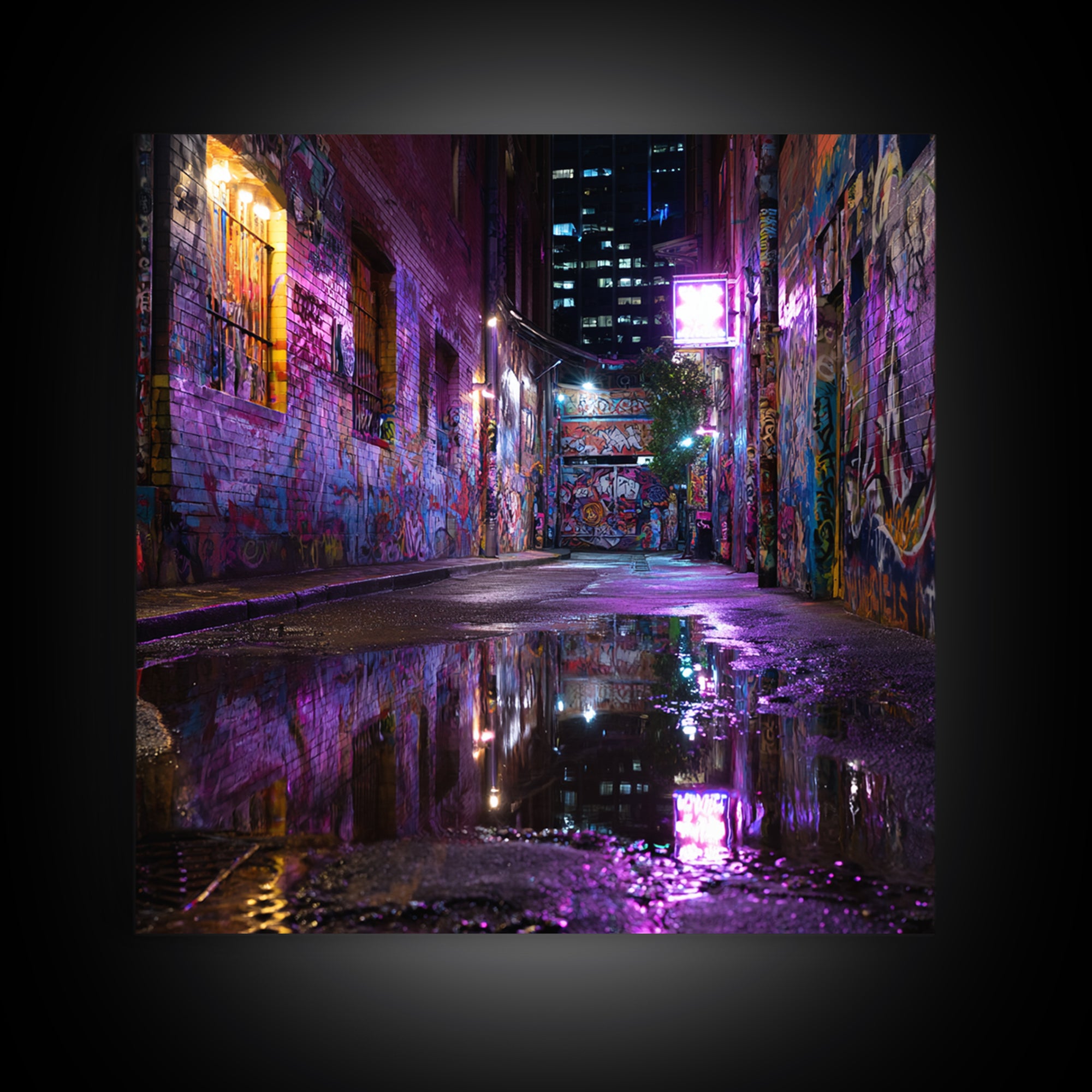 Neon Graffiti Alley Reflections Wall Art, Urban Street Canvas Print, City Night Decor, Edgy Contemporary Office Art Gift