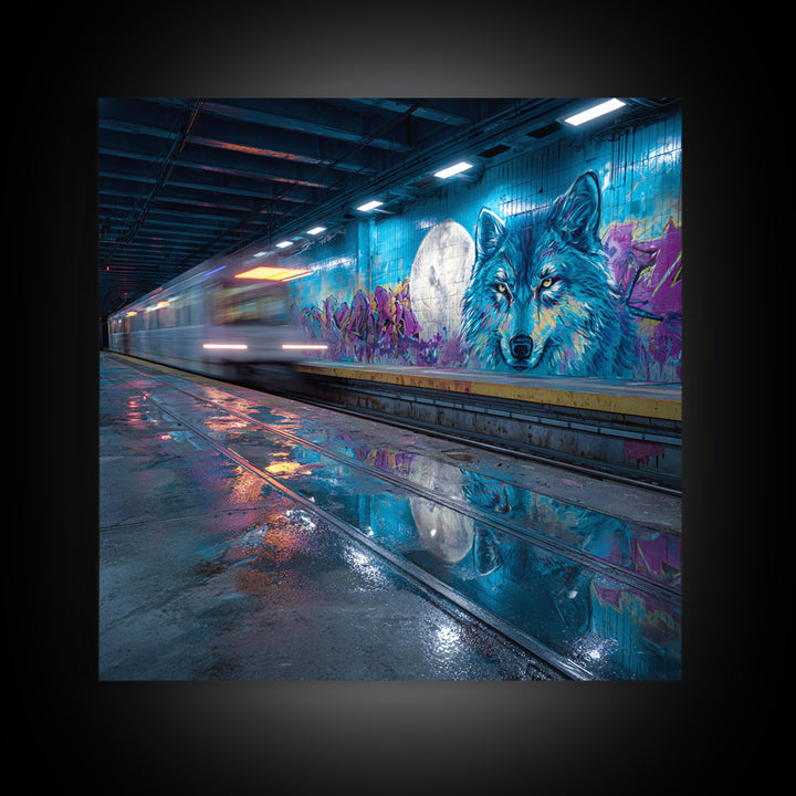 Neon Subway Wolf Graffiti Wall Art, Urban Street Art Canvas Print, Cyberpunk Decor, Gaming Room Poster, Gift For Him, Modern Wall Decor