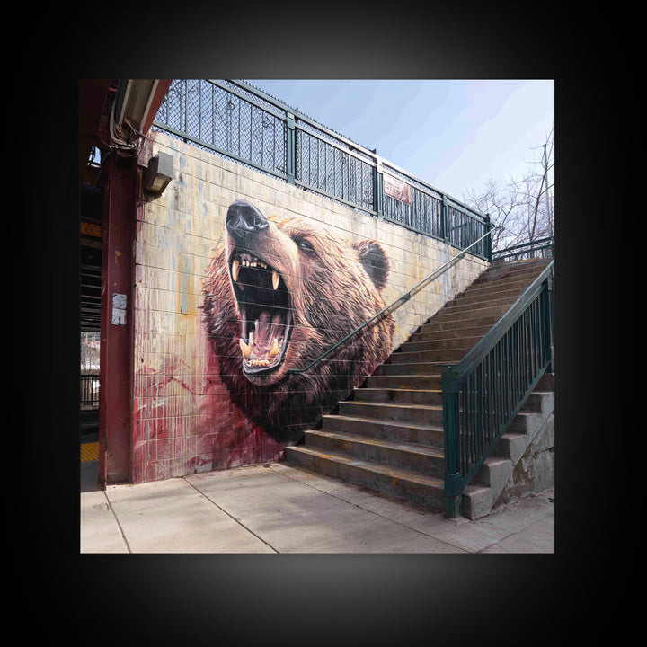 Roaring Bear Urban Stairway Mural Wall Art, Graffiti Canvas Print, Wildlife Decor, Street Art Gift For Animal Lover, Home Decor