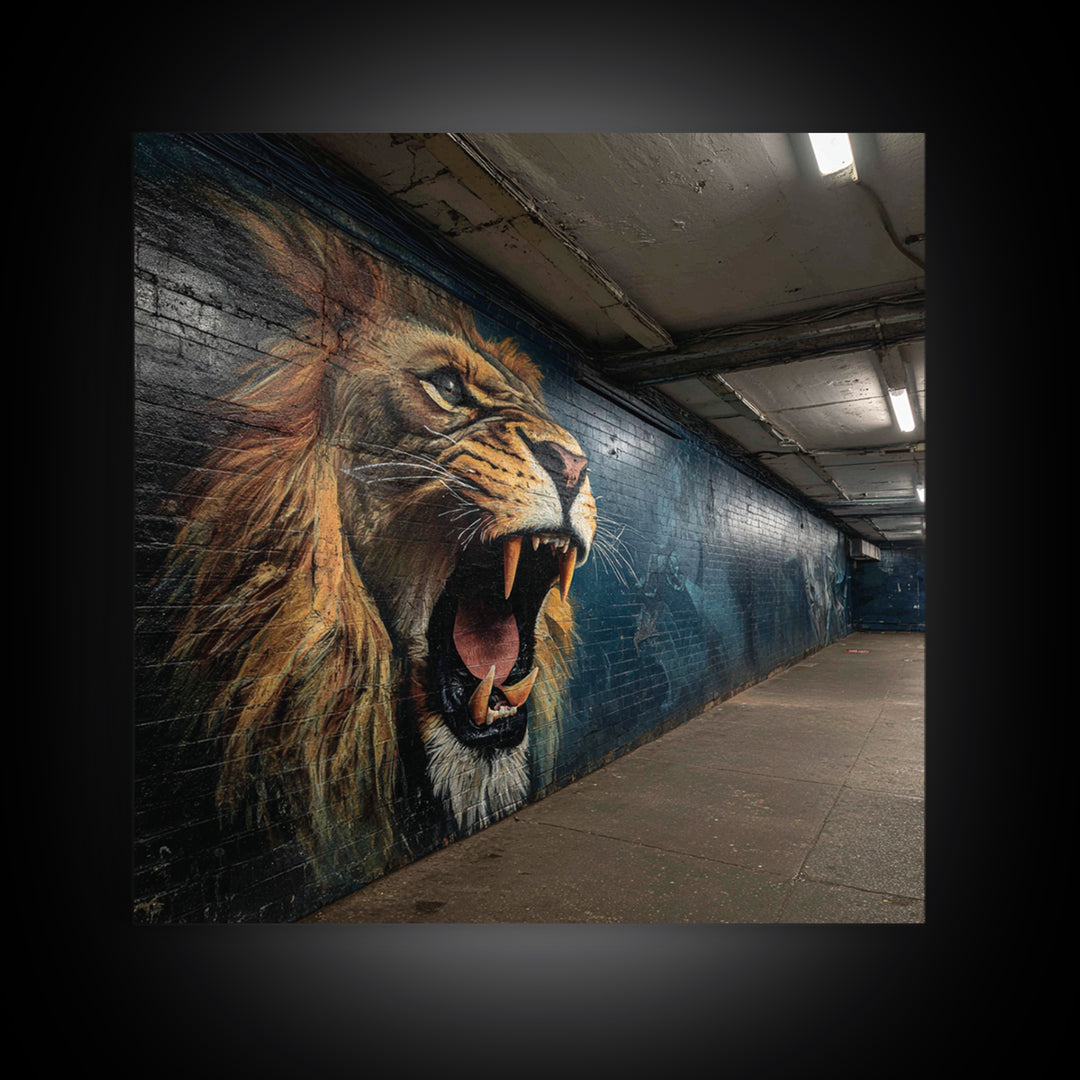Roaring Lion Subway Mural Wall Art, Urban Graffiti Canvas, Big Cat Street Art Print, Bold Industrial Living Room Decor Gift