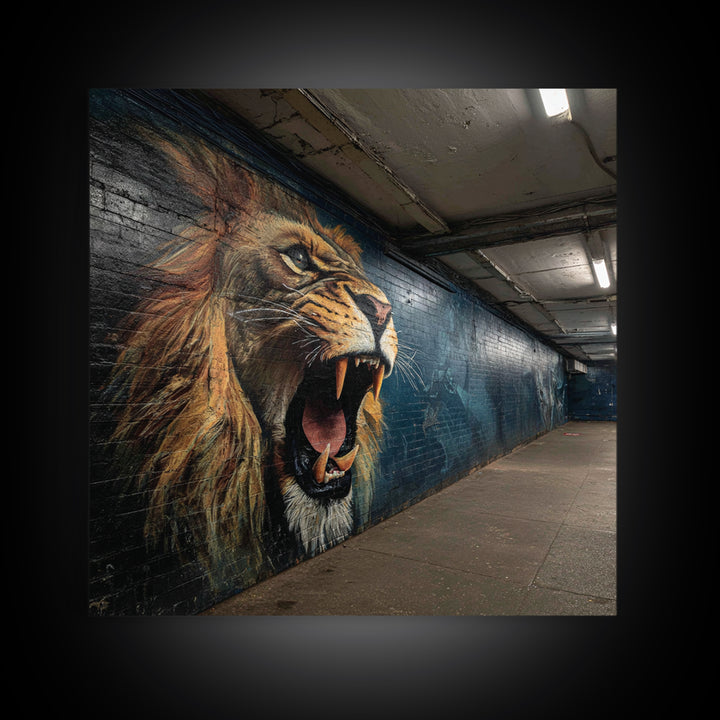 Roaring Lion Subway Mural Wall Art, Urban Graffiti Canvas, Big Cat Street Art Print, Bold Industrial Living Room Decor Gift