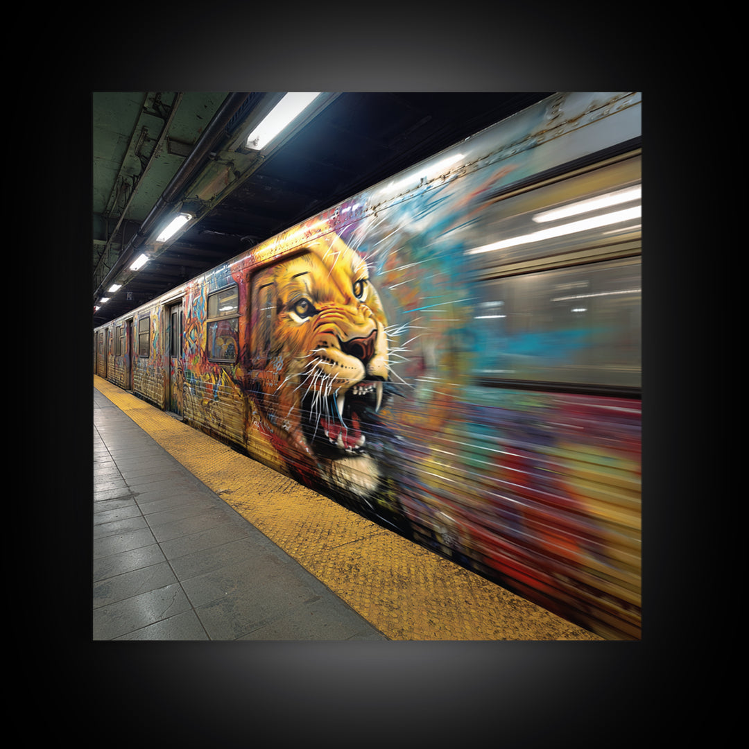 Roaring Lion Subway Train Canvas Print, Motion Blur Graffiti Wall Art, Big Cat Urban Street Decor For Modern Home Decor Gift