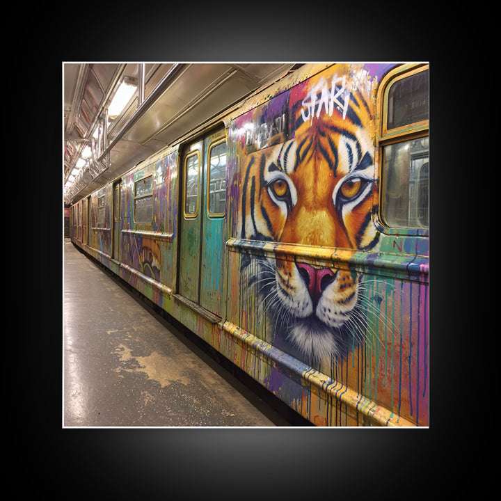 Tiger Face Graffiti Subway Train Canvas Print, Bold Urban Street Art For Maximalist Decor And Modern Wall Decor Gift Idea