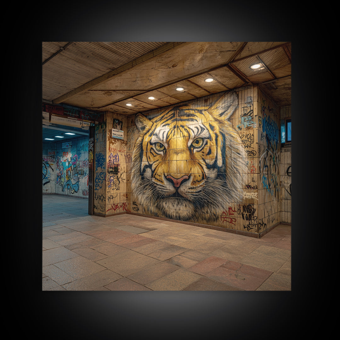 Urban Tiger Mural Subway Station Wall Art, Street Art Graffiti Canvas Print, Big Cat Decor, Bold Contemporary Gift For Him