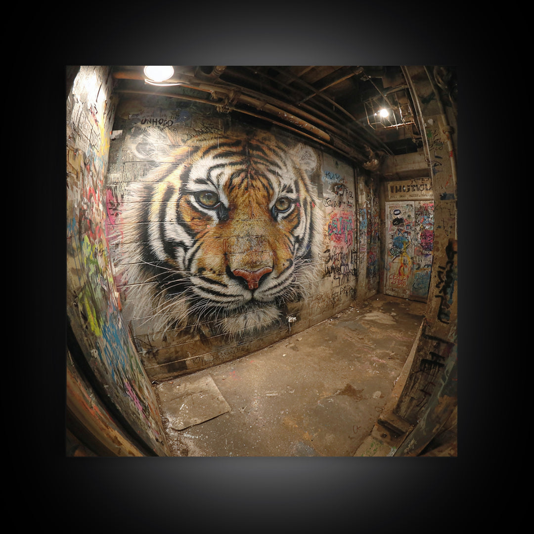 Realistic Tiger Mural In Graffiti Alley Wall Art, Urban Street Art, Big Cat Decor, Wildlife Art Print, Edgy Home Decor, Gift