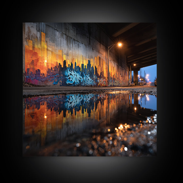 Urban Graffiti Underpass Wall Art, City Skyline Reflection, Street Art Print, Industrial Decor, Modern Office Wall Decor