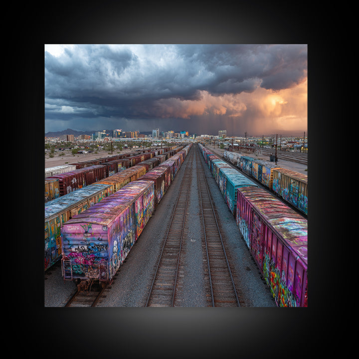 Graffiti Freight Train Yard Wall Art, Urban Street Art Canvas Print, Modern Industrial City Decor, Colorful Office Wall Art
