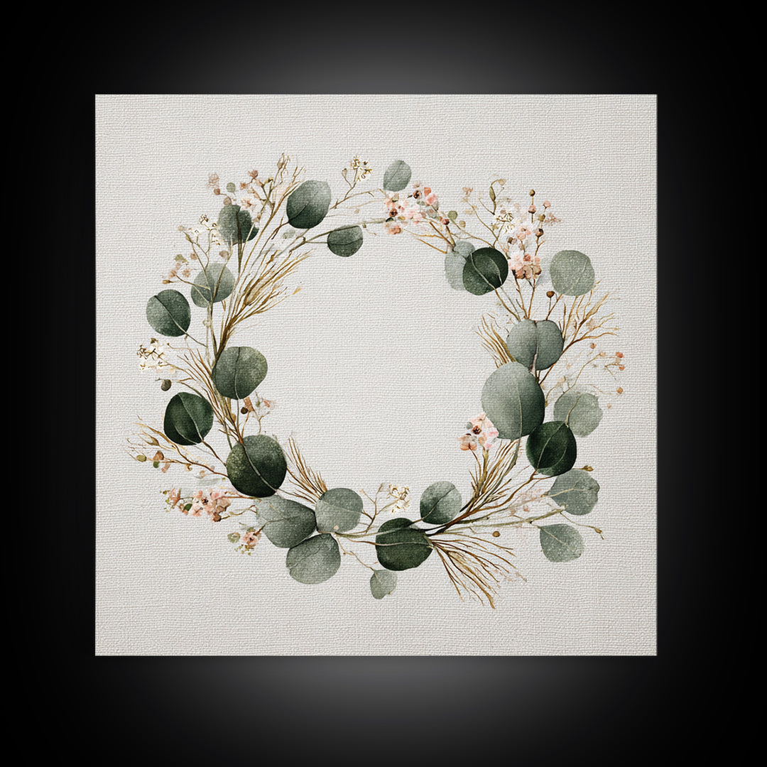 Eucalyptus Wreath Botanical Wall Art, Minimalist Canvas Print, Sage Green Floral Decor, Farmhouse Entryway Housewarming Gift