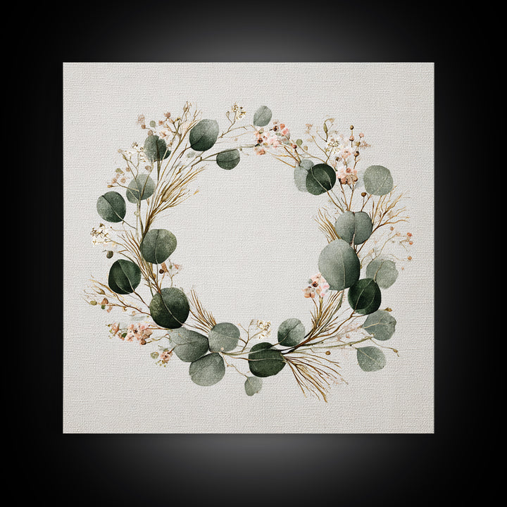 Eucalyptus Wreath Botanical Wall Art, Minimalist Canvas Print, Sage Green Floral Decor, Farmhouse Entryway Housewarming Gift