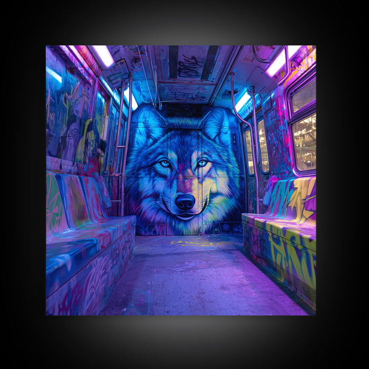 Neon Blue Wolf Subway Canvas Print, Cyberpunk Graffiti Animal Wall Decor, Urban Street Art, Gamer Room Statement Art Gift