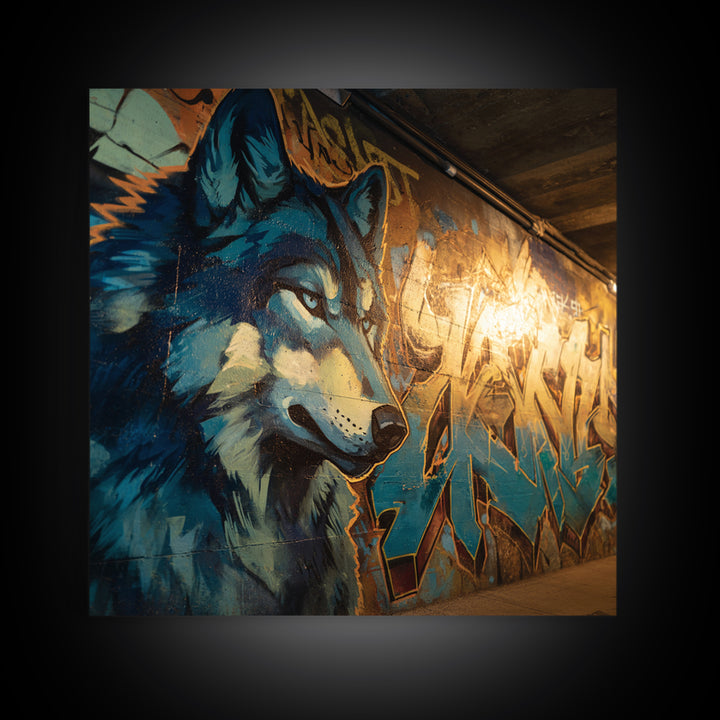 Blue Wolf Graffiti Mural Wall Art, Urban Animal Canvas Print, Street Art Decor, Modern Man Cave Wall Decor, Wolf Lover Gift