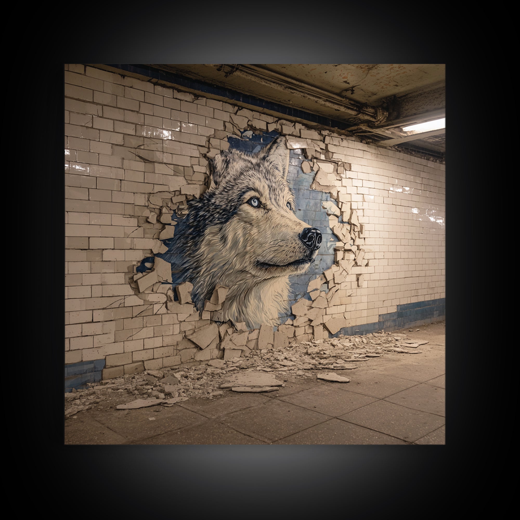Wolf Mural Bursting Through Subway Tile Wall Art, Urban Animal Canvas Print, Street Art Decor For Modern Office Wall Decor Gift