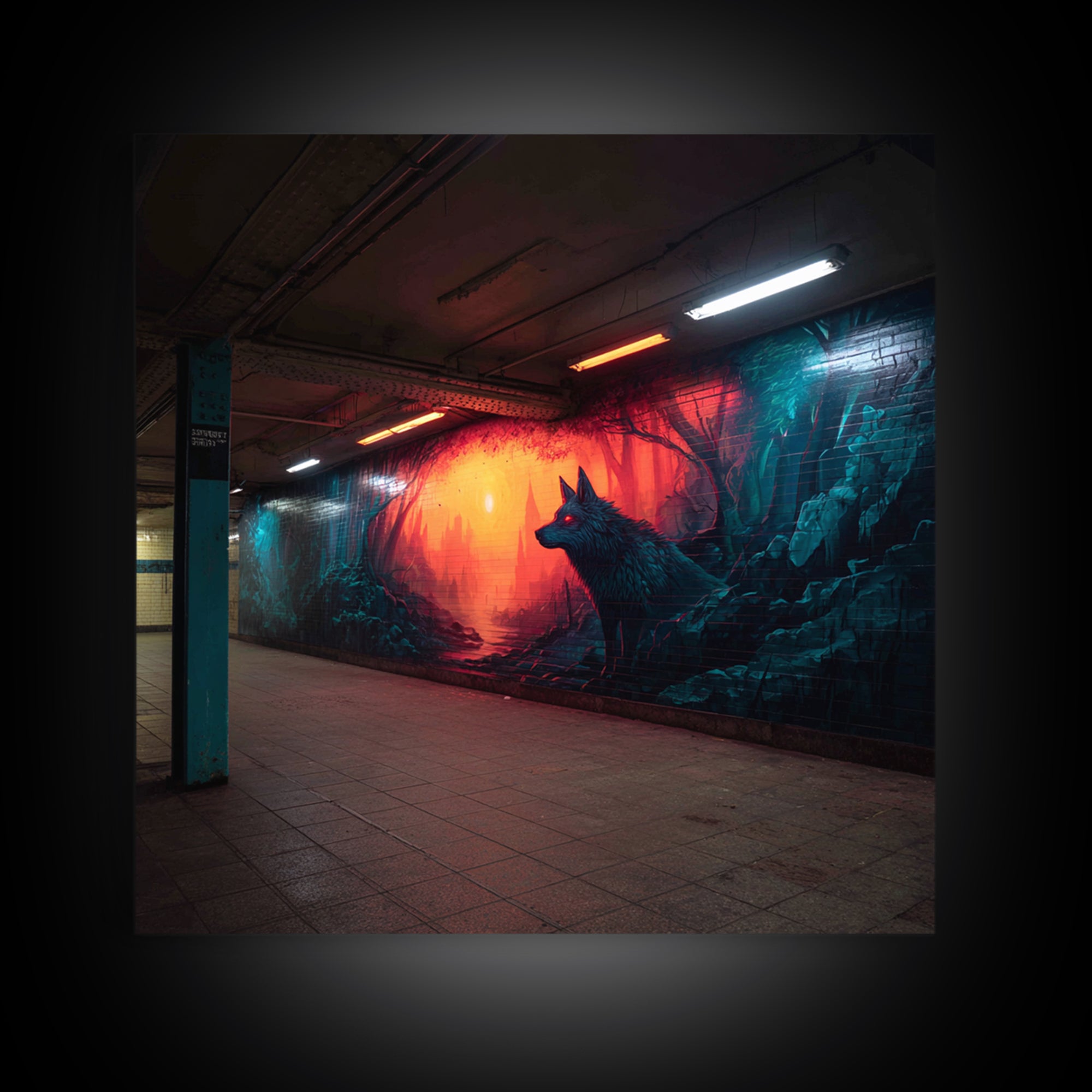 Neon Wolf Subway Mural Wall Art, Urban Graffiti Canvas Print, Cyberpunk Street Decor, Moody Animal Art For Home Office Gift