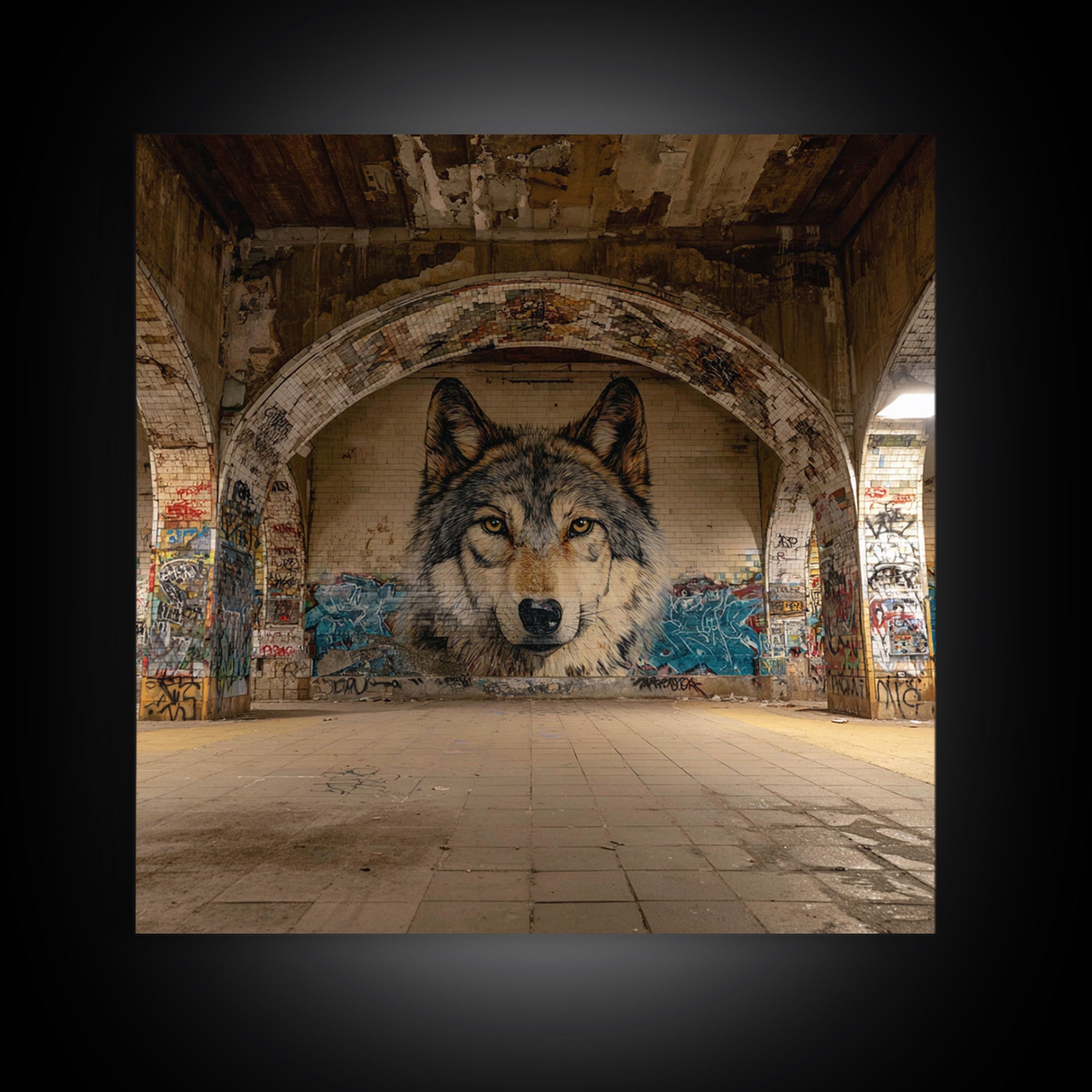 Realistic Wolf Mural In Abandoned Archway Framed Canvas Print, Urban Street Art, Animal Wall Decor, Moody Office Decor, Home Decor