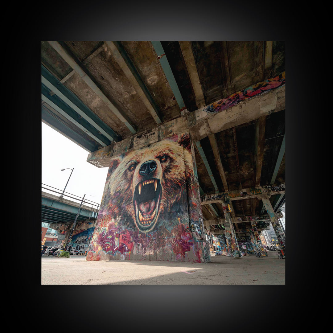 Roaring Bear Graffiti Underpass Wall Art, Urban Street Art Canvas Print, Wildlife Mural Decor, Man Cave Industrial Loft Home Decor