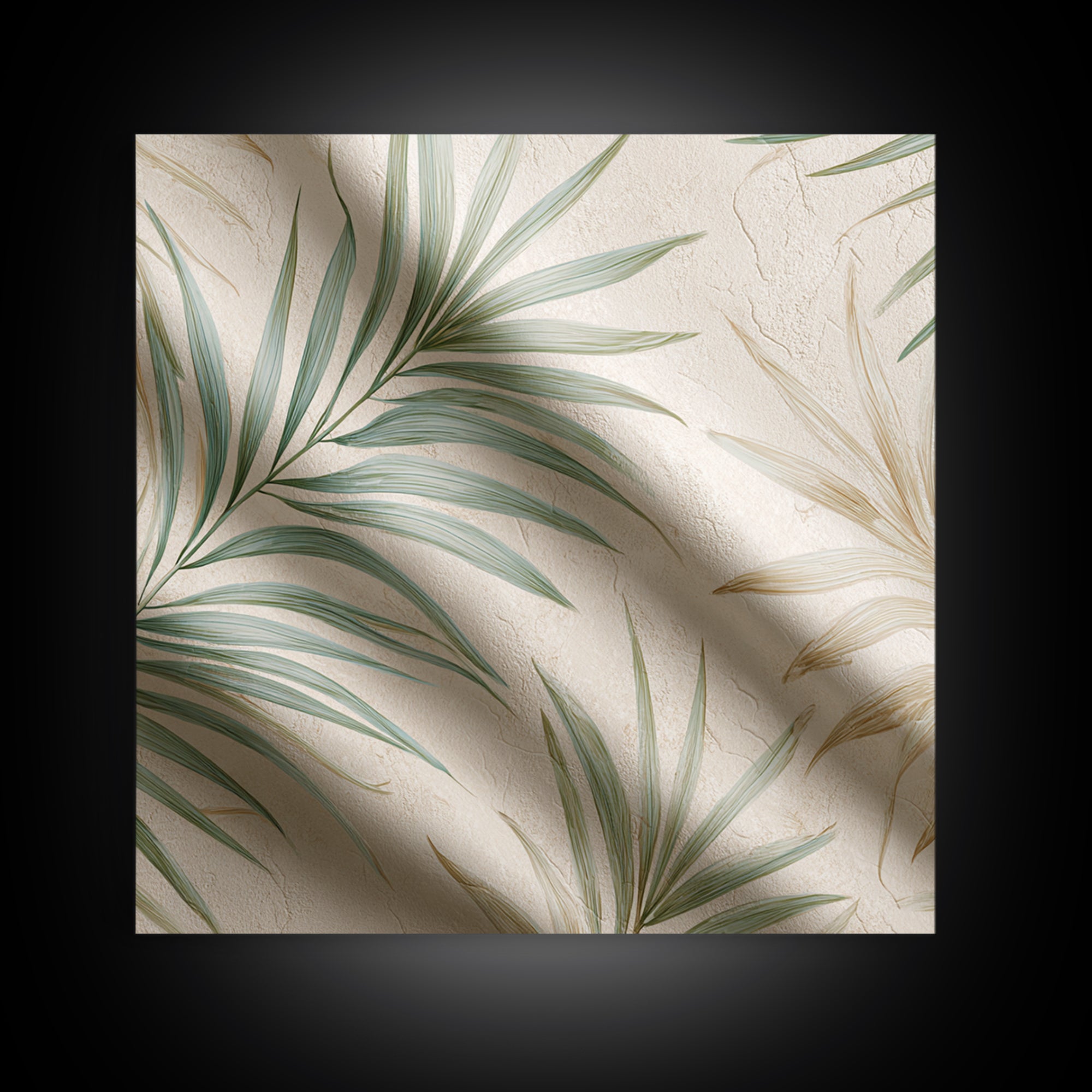 Tropical Palm Leaf Wall Art, Soft Green Beige Canvas Print, Coastal Botanical Decor, Boho Spa Bathroom Wall Decor For Relaxing Home Decor